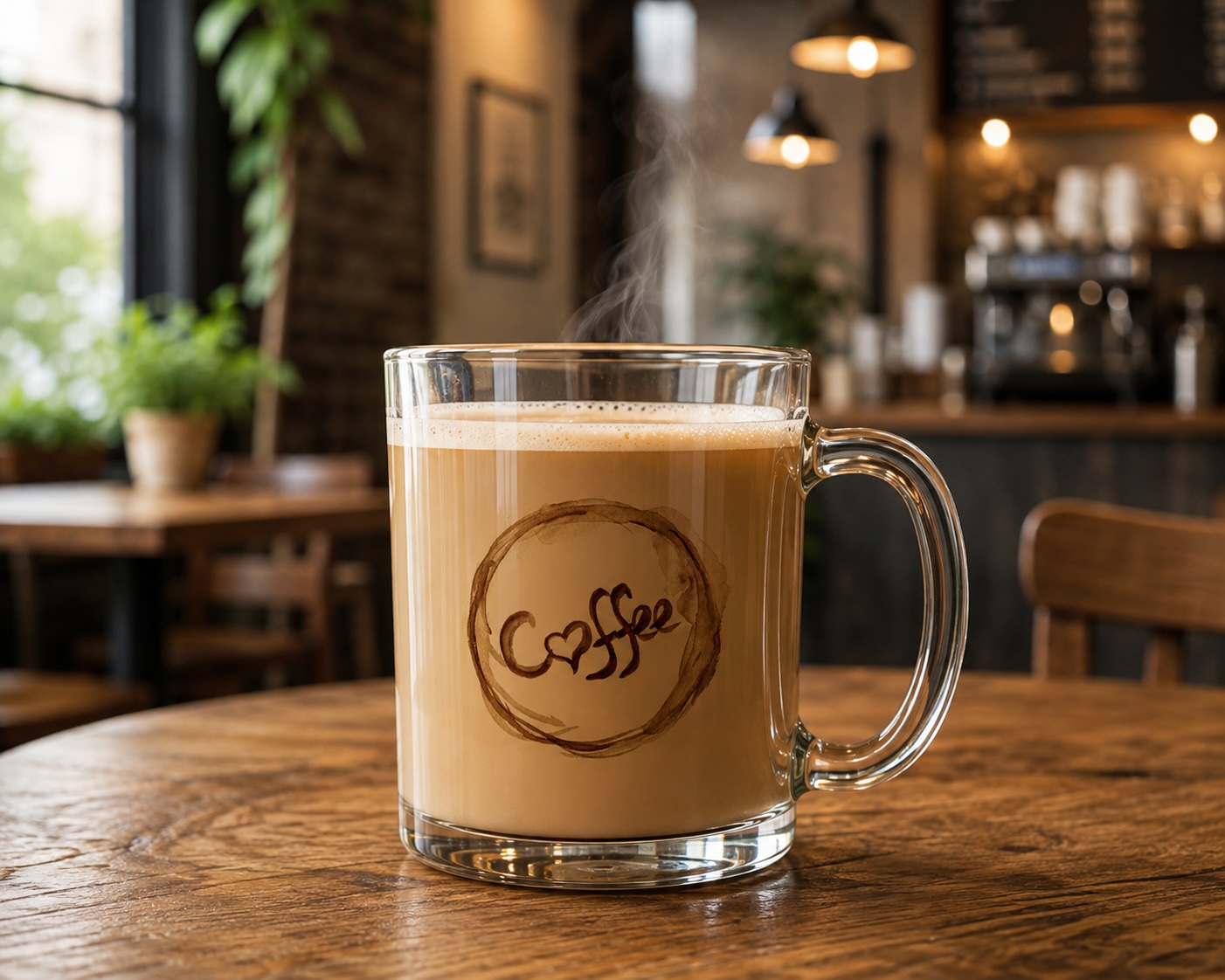 Clear glass coffee mug with a hand-lettered 'Coffee' design, steaming on a cafe table