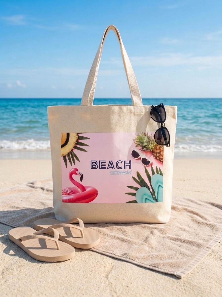 Natural canvas tote bag printed with a 'Beach Getaway' design, styled on the sand