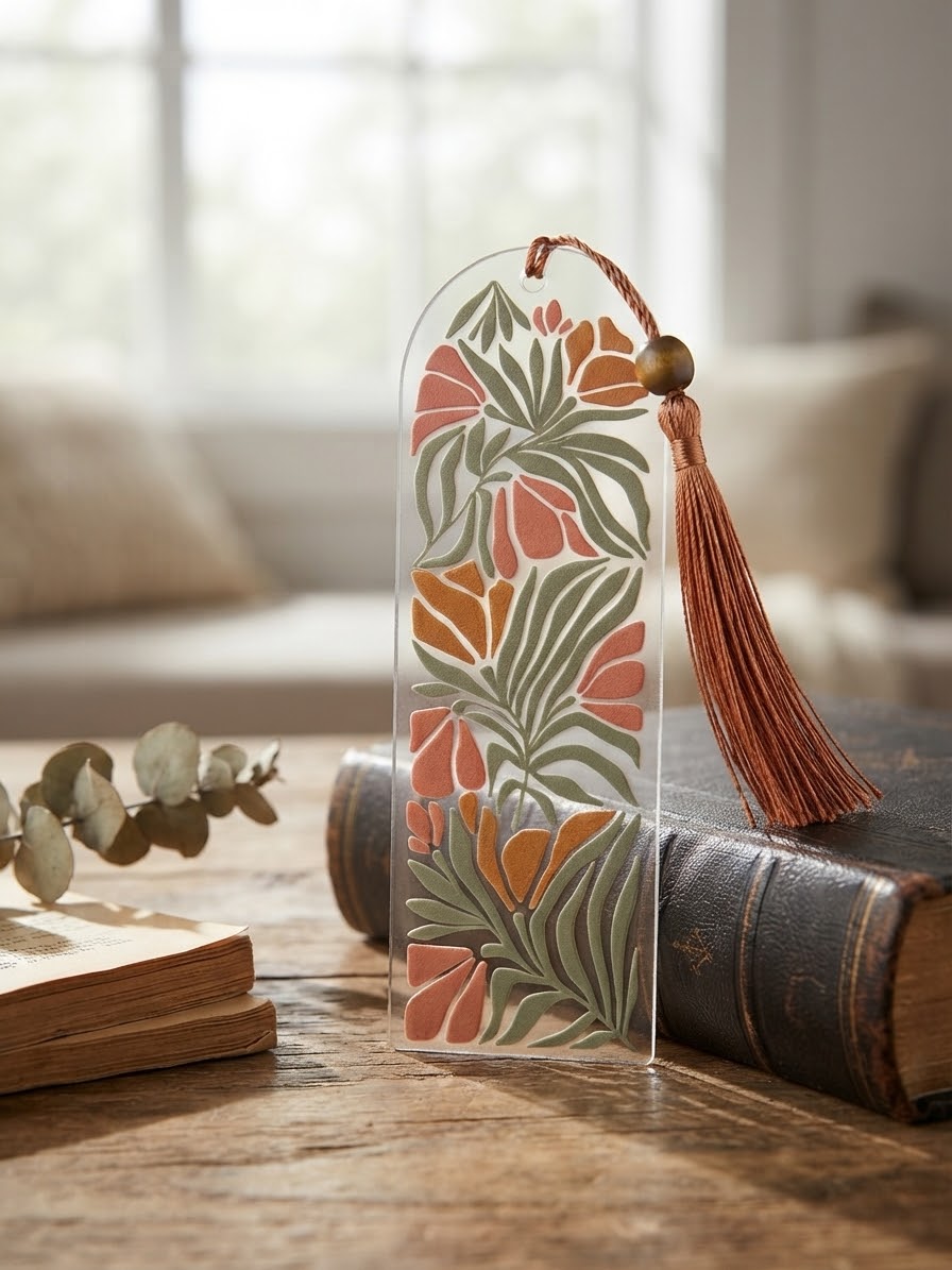Floral acrylic bookmark with a tassel, resting on a stack of books