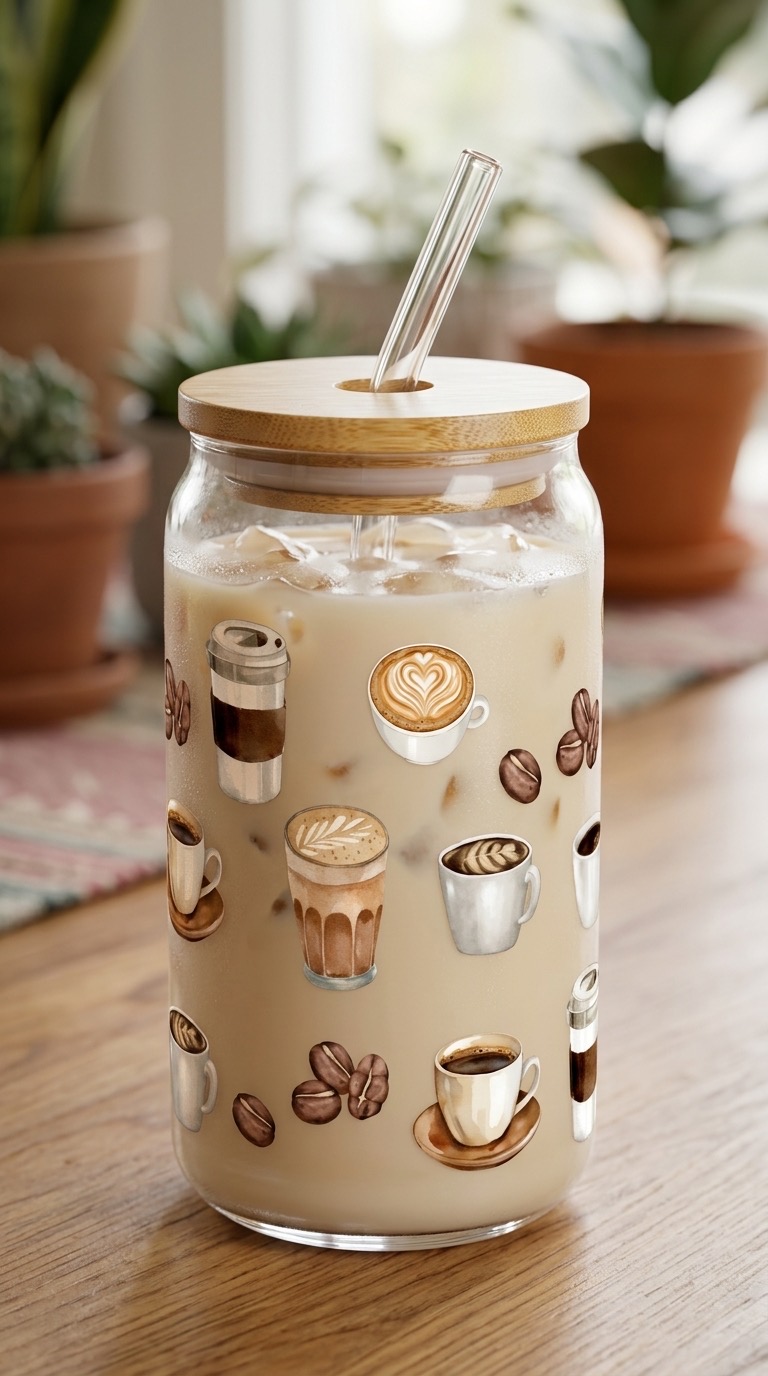 16oz glass tumbler with a bamboo lid and reusable straw, printed with a coffee-cup pattern