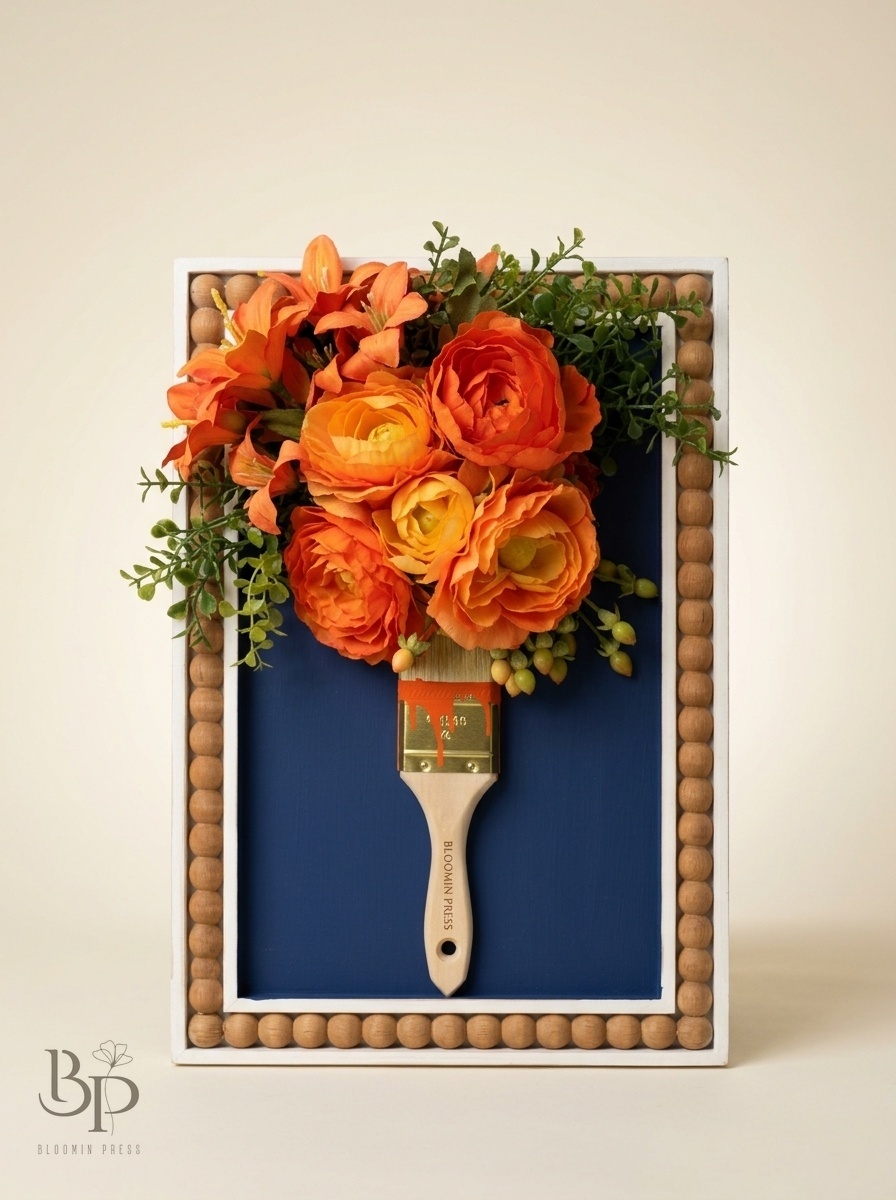 Rustic orange floral arrangement mounted on a wooden bead-framed paint-brush display, a Bloomin Press floral studio piece