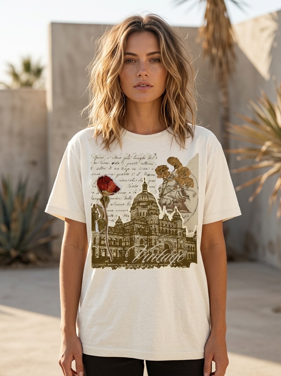 Model wearing a cream graphic t-shirt printed with a vintage botanical and architectural collage design