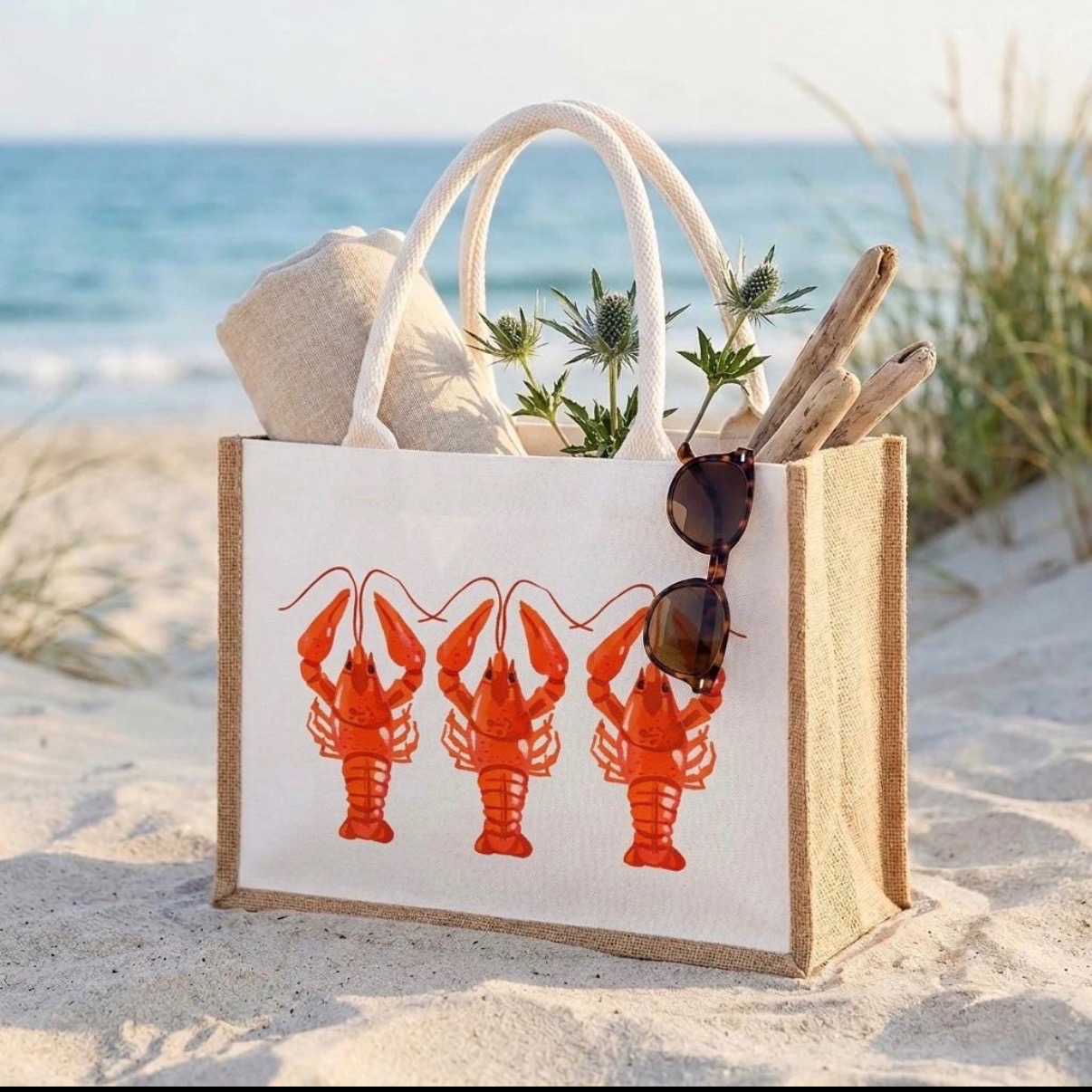 Water-resistant lined burlap tote bag printed with a lobster design, packed for a beach day