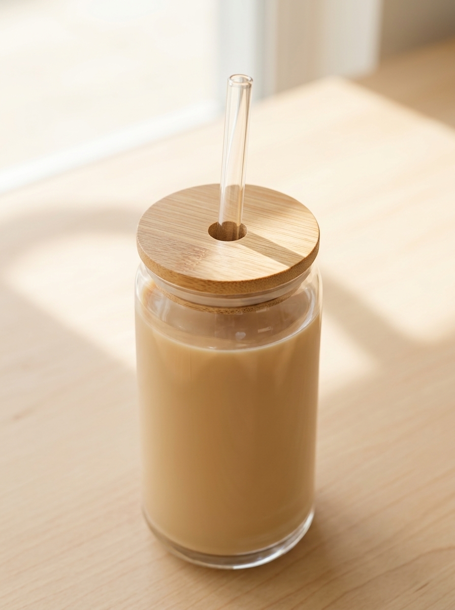 Glass can mug showing the bamboo lid and reusable straw
