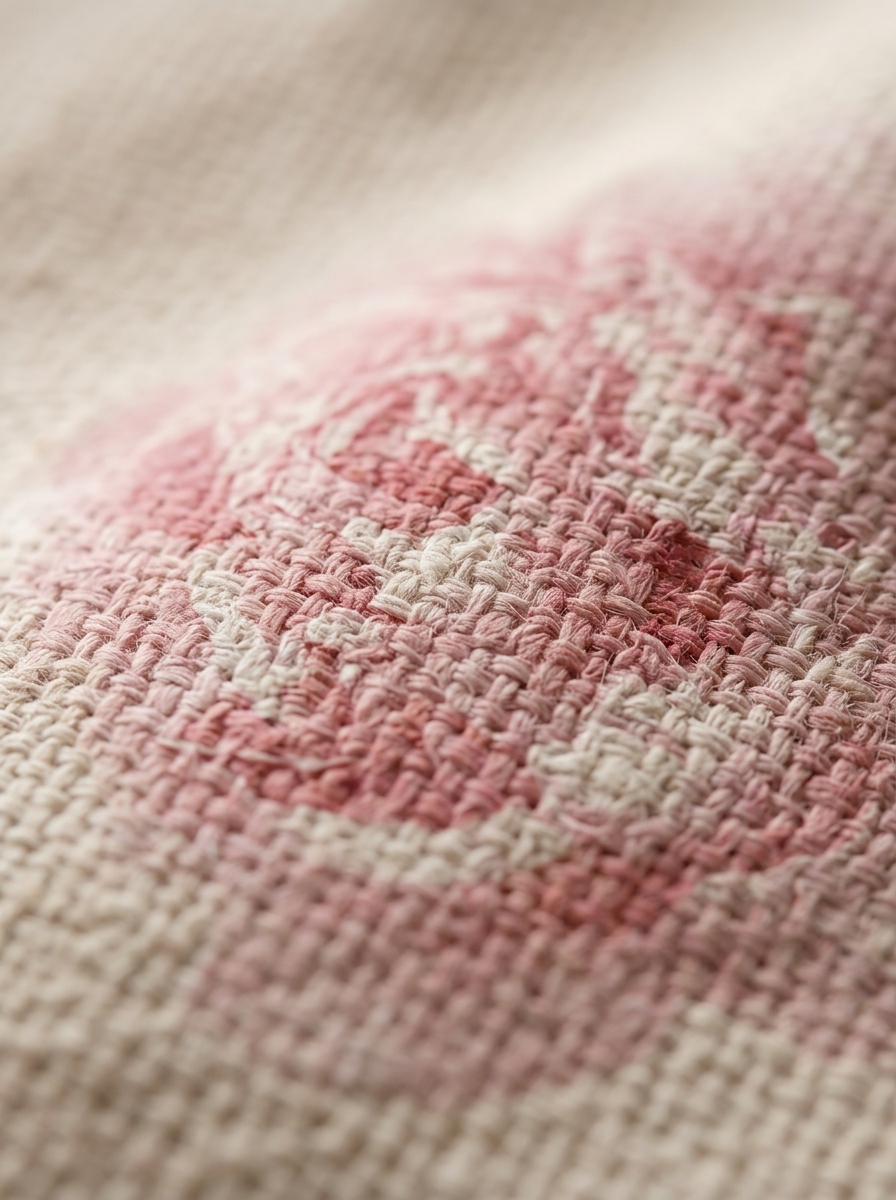 Close-up of the pressed peony artwork design on thick woven canvas