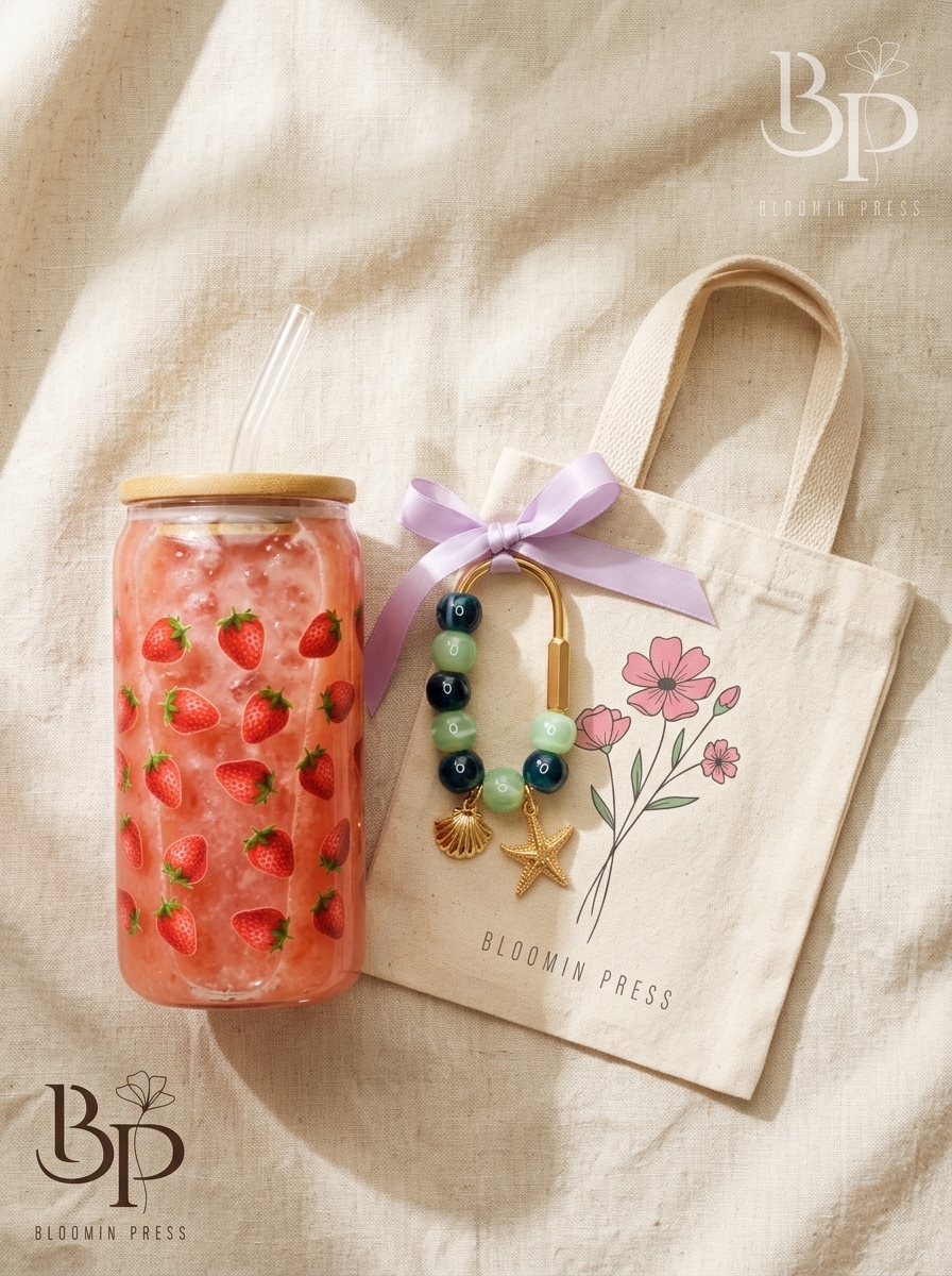 Editorial flatlay of pressed wildflower bag charm, strawberry glass mug, and custom canvas tote bag
