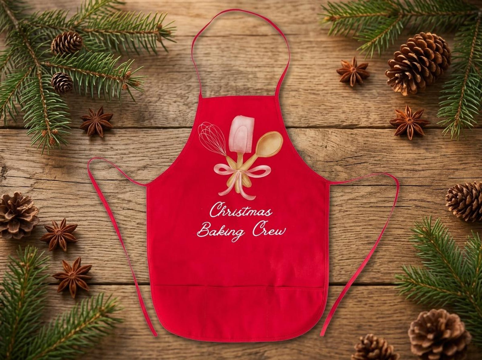 Red holiday-print matching adult and child cooking apron set