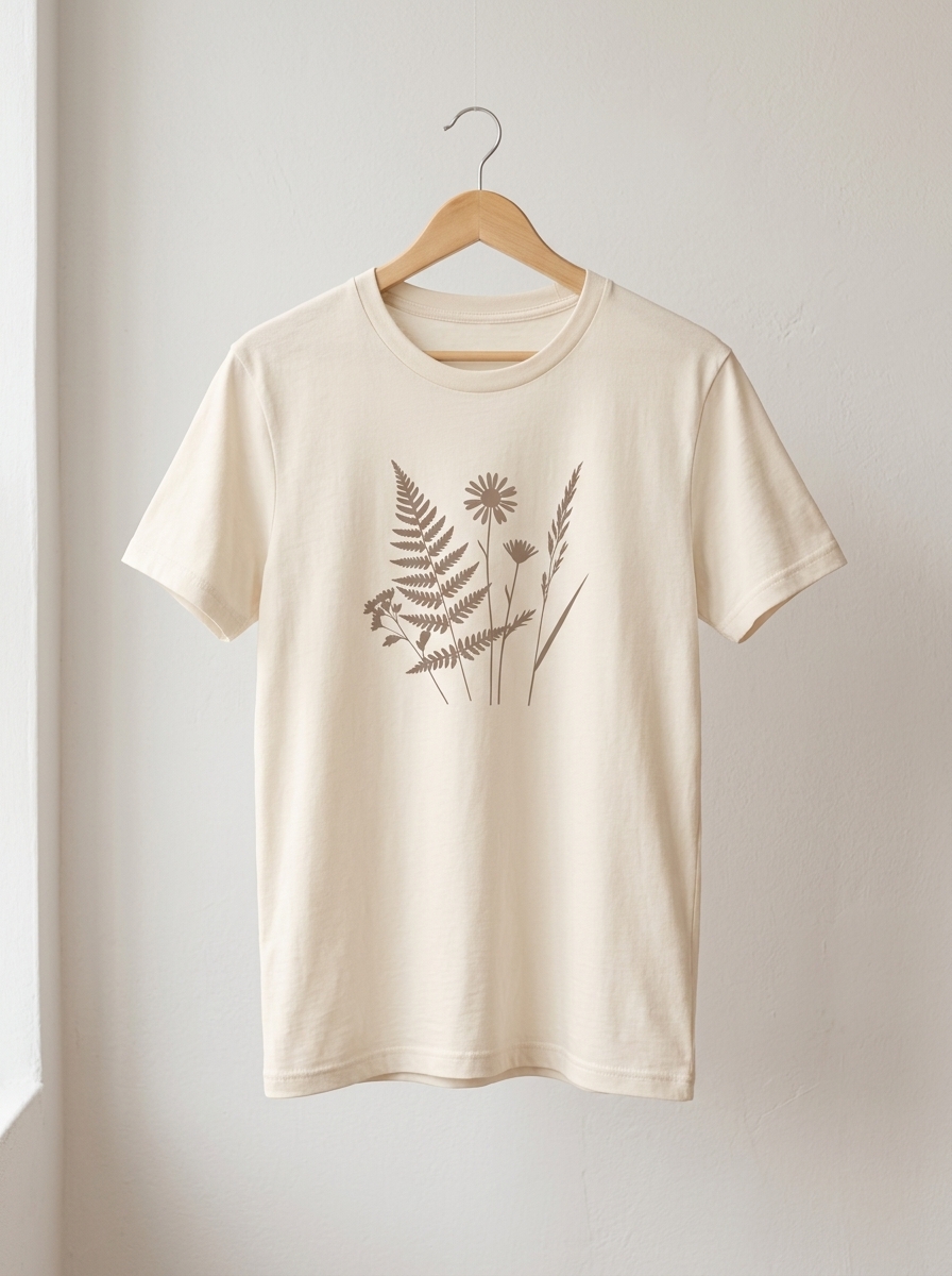 Cream-colored organic cotton t-shirt with a pressed wildflower design hanging on a hanger