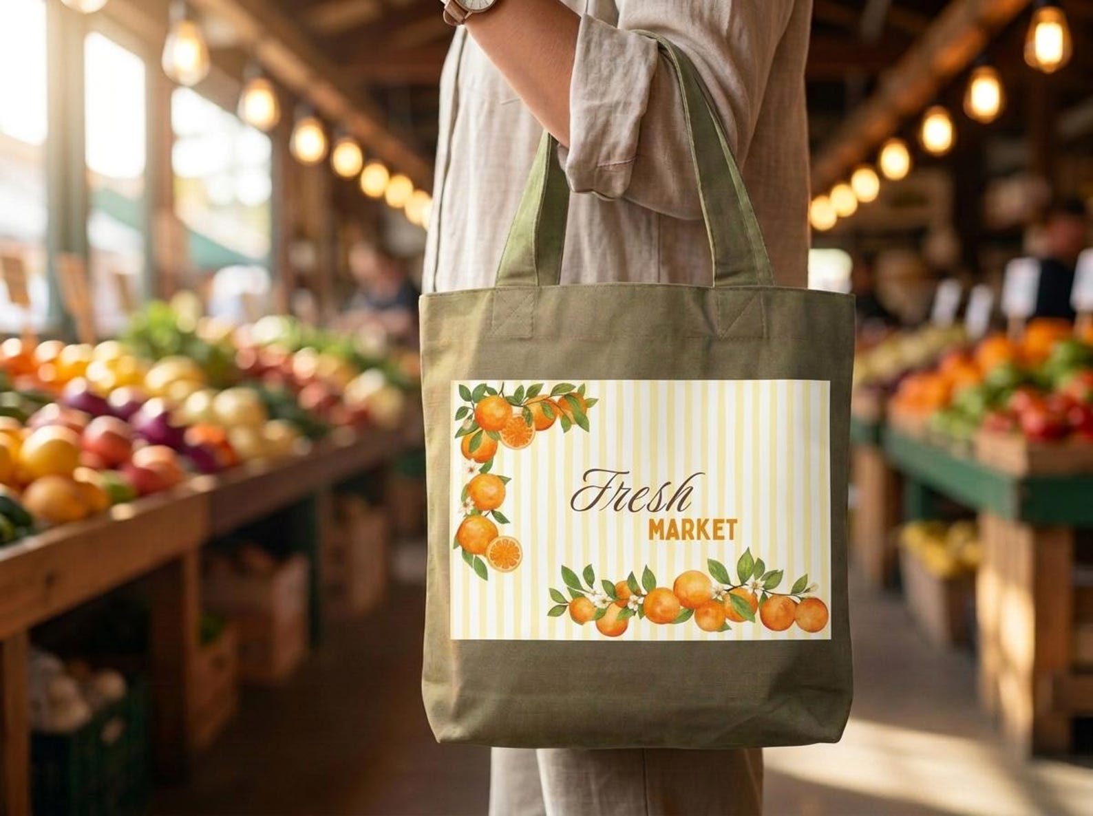 Natural canvas tote bag printed with an oranges design