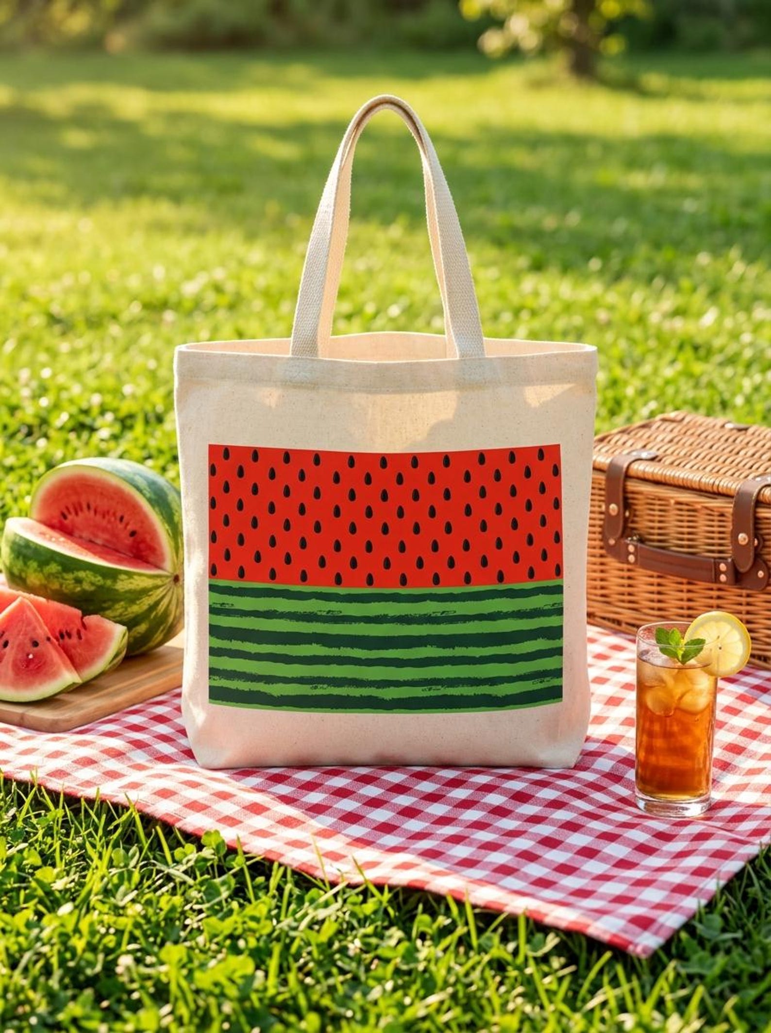 Natural canvas tote bag printed with a watermelon design