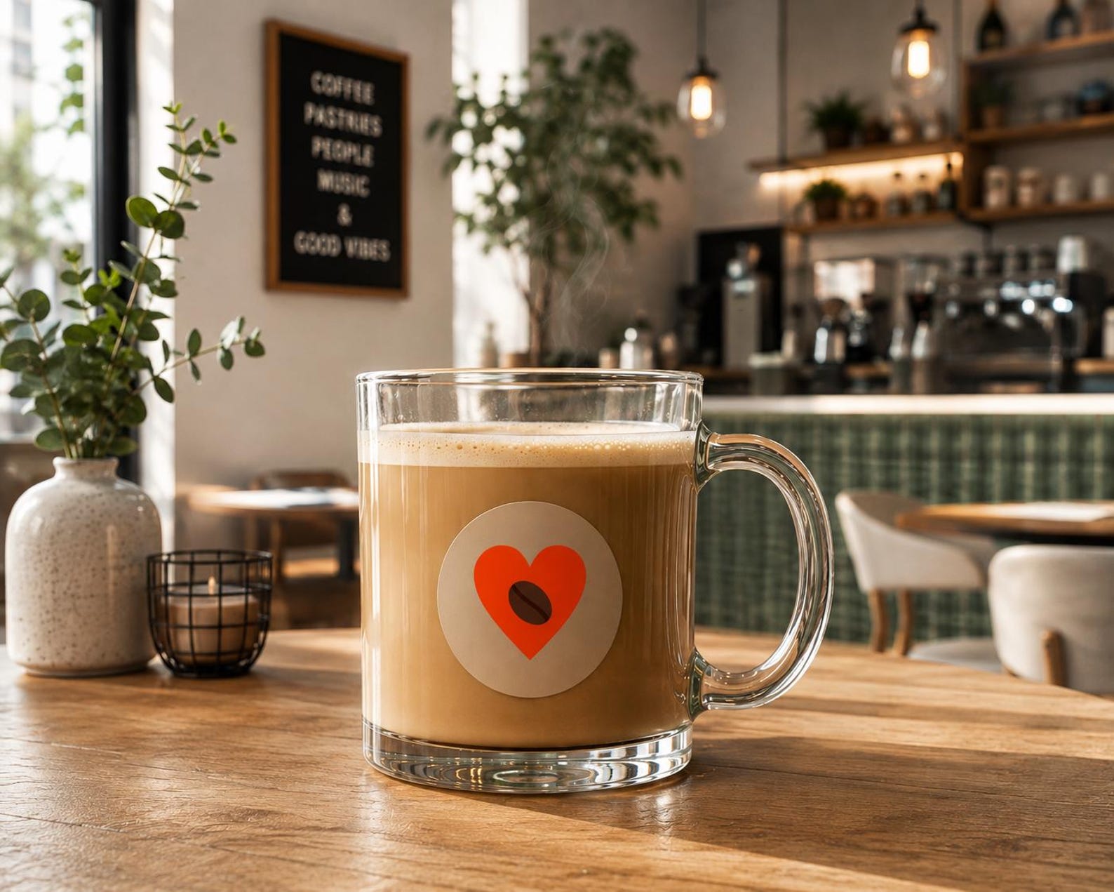 Clear glass coffee mug printed with a red heart and coffee bean graphic