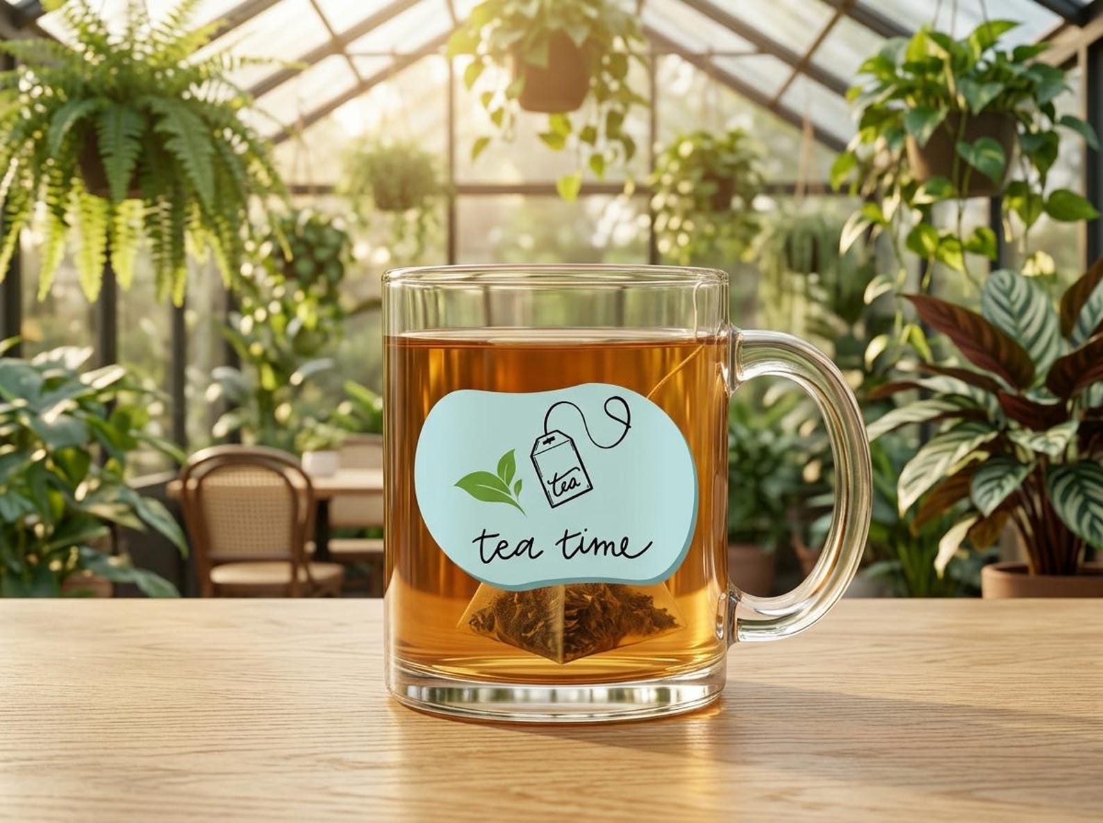 Clear glass mug printed with a tea-themed graphic, styled for a cozy morning