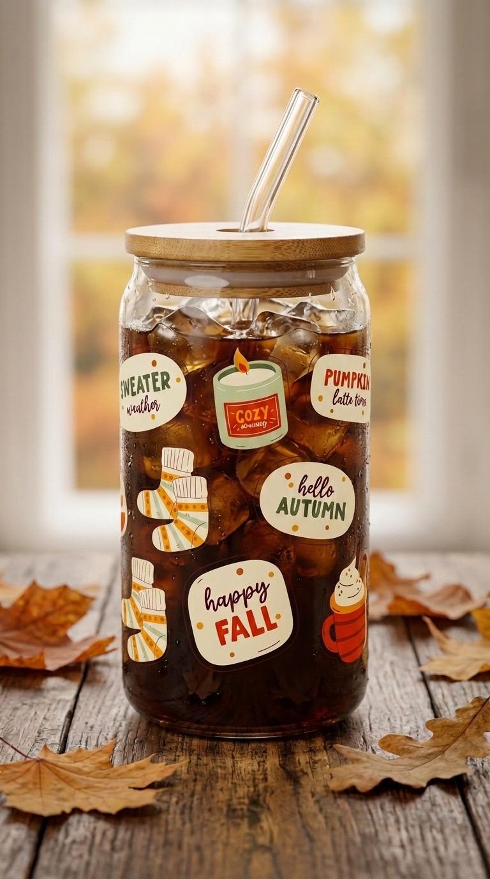 16oz glass tumbler with bamboo lid and straw, printed with a cozy fall design