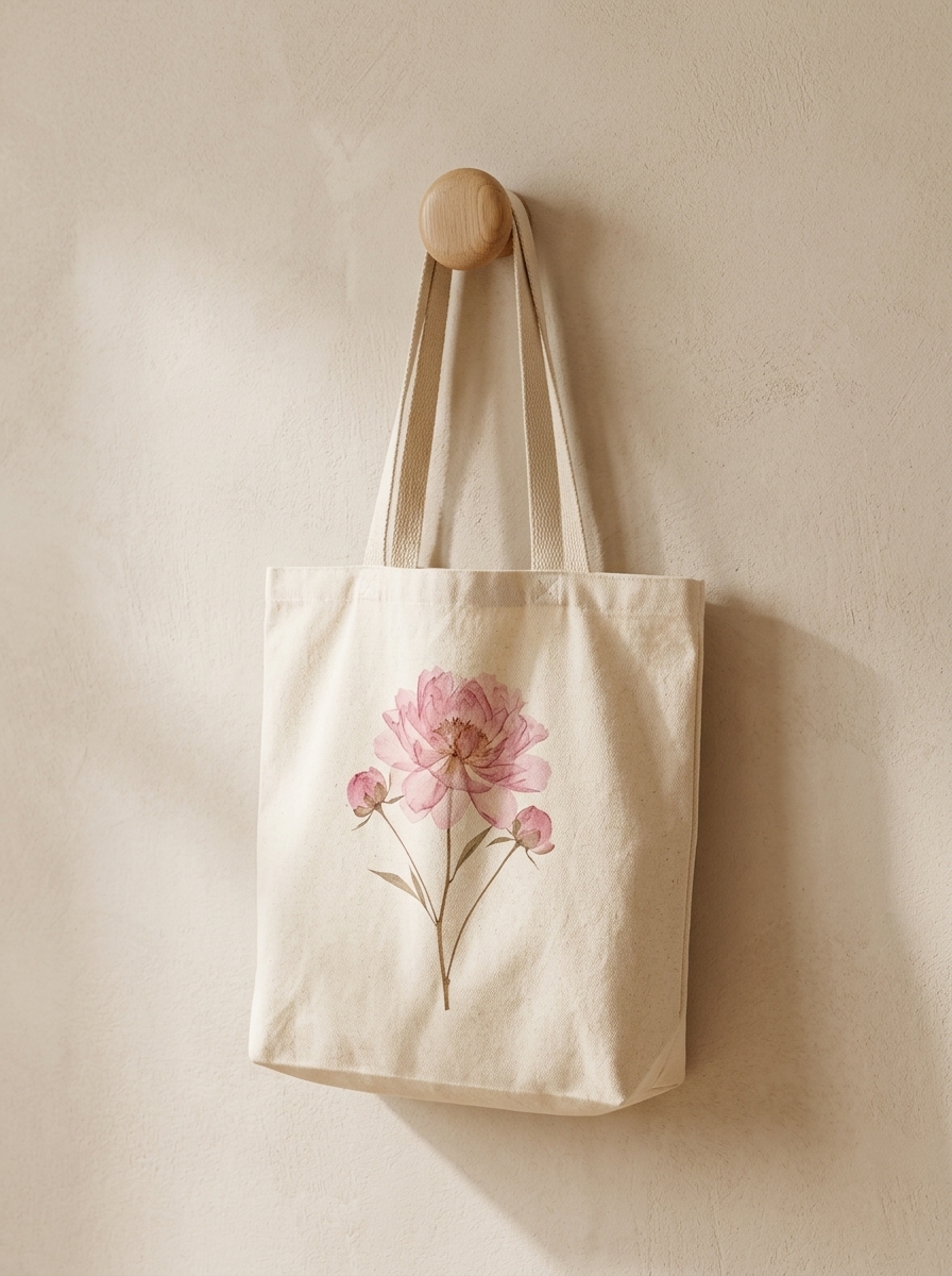 Organic canvas tote bag printed with a pink peony illustration, hanging on a wooden hook